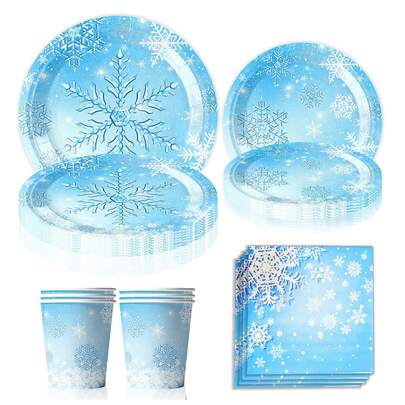 10 件/20 件/50 件冰雪奇缘冬季雪花派对包生日派对用品雪花餐具套装蓝色雪花设计纸盘杯子餐巾餐具套装 10&20 位客人适合圣诞节冬季仙境装饰