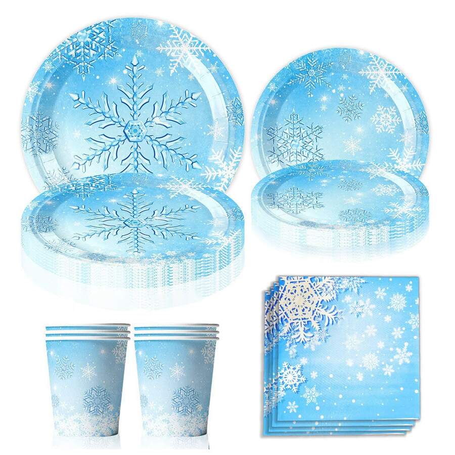 10 件/20 件/50 件冰雪奇缘冬季雪花派对包生日派对用品雪花餐具套装蓝色雪花设计纸盘杯子餐巾餐具套装 10&20 位客人适合圣诞节冬季仙境装饰 - 彩色 - 查看 1