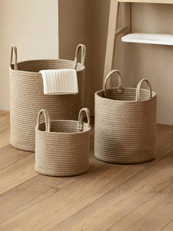 1pc Foldable Woven Laundry Basket With Handle, Hand-Woven, Large Capacity, Round Multi-Functional Storage Basket, Khaki And White Three Sizes Available, Suitable For Clothes, Blankets, Toys, Holiday Storage, Home Decoration, Suitable For Laundry Room, Bathroom, Bedroom, Living Room, Corridor Laundry Basket, Laundry Basket, Bathroom Storage Basket, Basket, Storage Basket, Foldable Laundry Basket