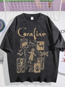 230G Heavyweight Washed Cotton Dark Line Art Fantasy Print Comfortable Casual Short Sleeve Tee - 黑色 - 查看 1