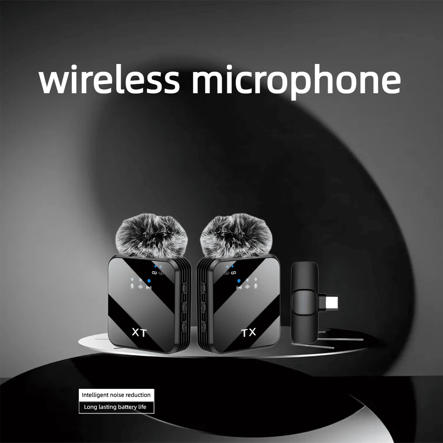 无线领夹式麦克风：具有智能降噪和 360° 拾音功能，黑色，带防风罩，一键连接，便携式领夹式麦克风，兼容 Android 智能手机/平板电脑、流媒体、视频博客、视频会议