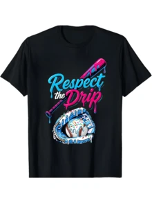 Baseball Cotton Graphic Tee, With Respect The Drip Lettering, Drip - Effect Baseball Bat, Glove And Sprinkled Baseball Print, Playful Streetwear - Inspired Casual Short Sleeve T - Shirt - 黑色 - 查看 2