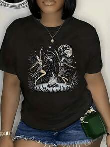 Día de los Muertos mística talla grande 220 gramos 1 unidad de Camisa de T con estampado digital diseño de luna llena y danza espiritual 100% algodón bohemia Camiseta de mujer con cuello redondo, diseño casual - Negro - Ver 1