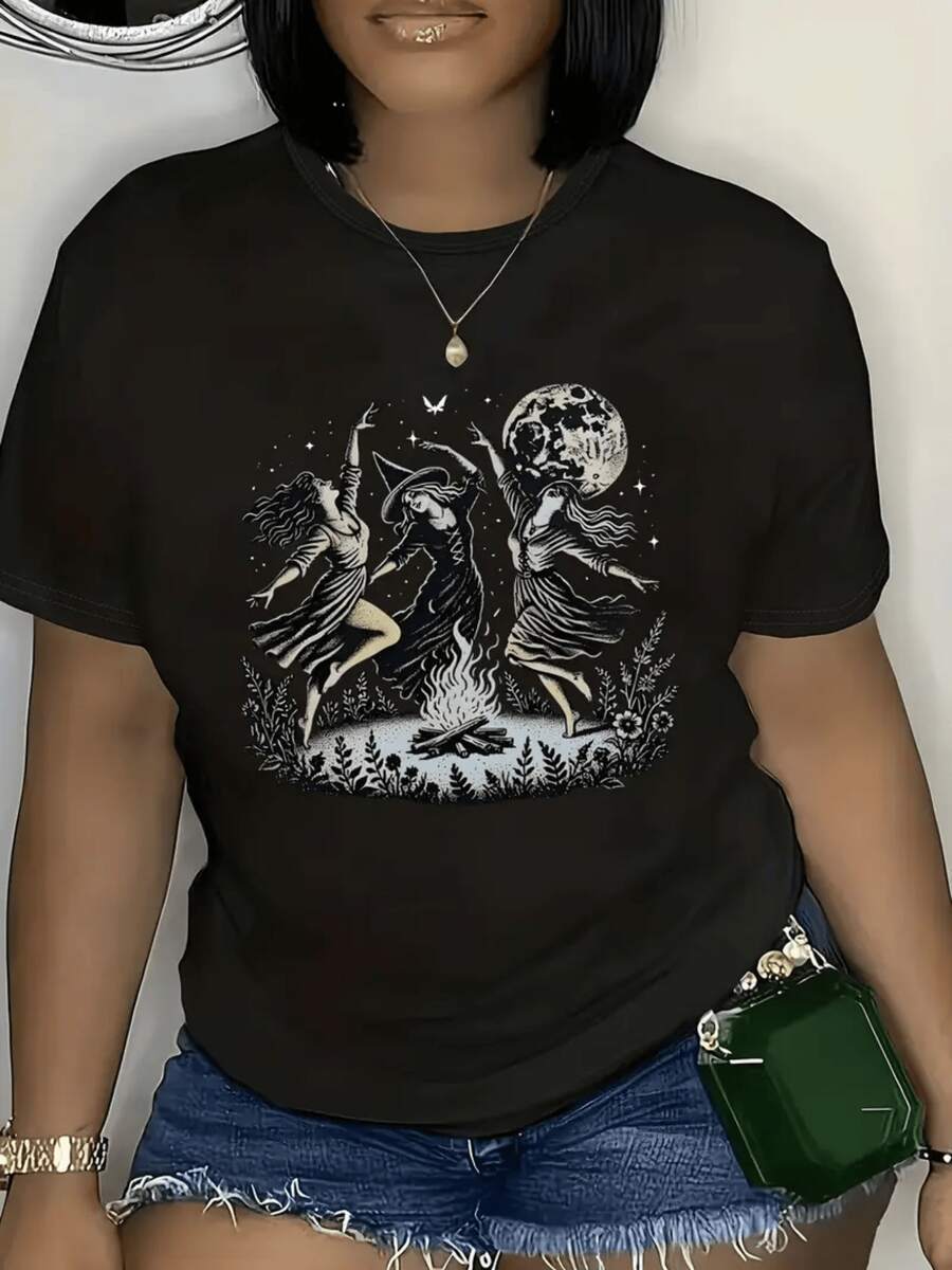 Día de los Muertos mística talla grande 220 gramos 1 unidad de Camisa de T con estampado digital diseño de luna llena y danza espiritual 100% algodón bohemia Camiseta de mujer con cuello redondo, diseño casual - Negro - Ver 1