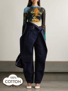 Magic Mia Women's High Waist Cargo Barrel Pants - Navy Blue Paperbag Waist With Adjustable Belt & Multi-Pockets | Vintage Tapered Fit For Casual Daily, Office Work & Outdoor Hiking(100% Cotton Breathable) For All Seasons - 藏蓝色 - 查看 1