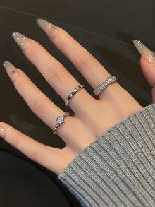 3件套女孩简约设计锆石镶嵌开口戒指，时尚百搭配饰。佩戴时请轻柔打开。 - 銀色 - 查看 6