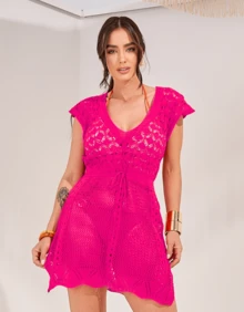 Short Beach Cover-Up, Lace Slit Dress, Crochet Knit, Summer - Rosa Fucsia - Ver 7
