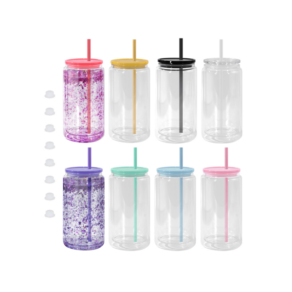 AGH 16oz Plastic Snow Globe Tumbler Cup 8 Pack Pre Drilled Double Wall Plastic Can With Lid And Straw Double Wall Snowglobe Cup With Colorful Lid Mason Jar Cups For Snow Globe Glitter DIY Gift, Mix Colors