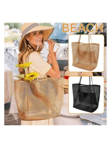 Foldable Lightweight Mesh Beach Bag With Zipper Pocket For Women, Vacation, Beach, Pool, Travel - màu đen - Xem 1
