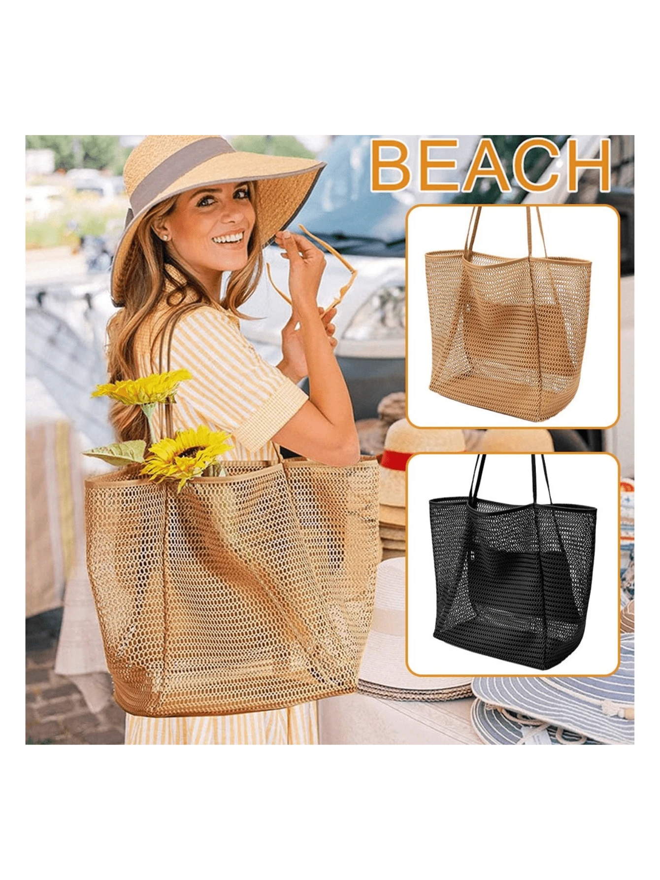 Foldable Lightweight Mesh Beach Bag With Zipper Pocket For Women, Vacation, Beach, Pool, Travel - màu đen - Xem 1