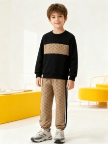 Boys' Casual Simple Spring/Autumn Outfit, 2 Pieces Set Children's Autumn Gold Print Fashionable Casual Patchwork Black Hoodie + Printed Striped Pants Set Boys' Casual Simple Printed Pattern Round Neck Long Sleeve Sweatshirt And Elastic Waist Pants 2 Pieces Set - Khaki - View 3