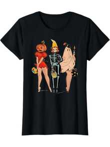Día de los Muertos Calaveras y Brujas 220 gramos talla grande 1 unidad de Camisa de T con estampado digital estilo vintage  de chicas disfrazadas de Halloween 100% algodón suave Camiseta de mujer con cuello redondo, diseño casual - Negro - Ver 1