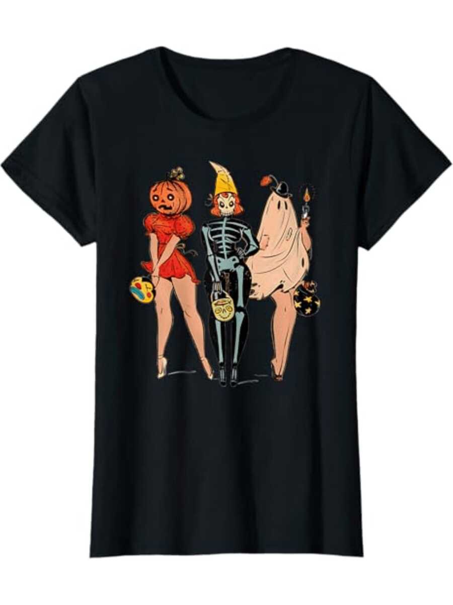 Día de los Muertos Calaveras y Brujas 220 gramos talla grande 1 unidad de Camisa de T con estampado digital estilo vintage de chicas disfrazadas de Halloween 100% algodón suave Camiseta de mujer con cuello redondo, diseño casual - Negro - Ver 1