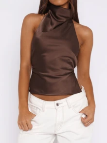 Women's Halter Neck Satin Tops Sleeveless Backless Solid Color Slim Fit Tops Summer Shirts - marrón oscuro - Ver 3