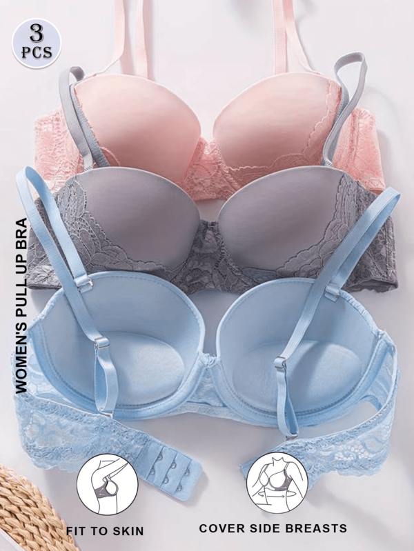 3pcs Minimalist Sexy Solid Color Lace Patchwork Spaghetti Strap Bra Set For Women