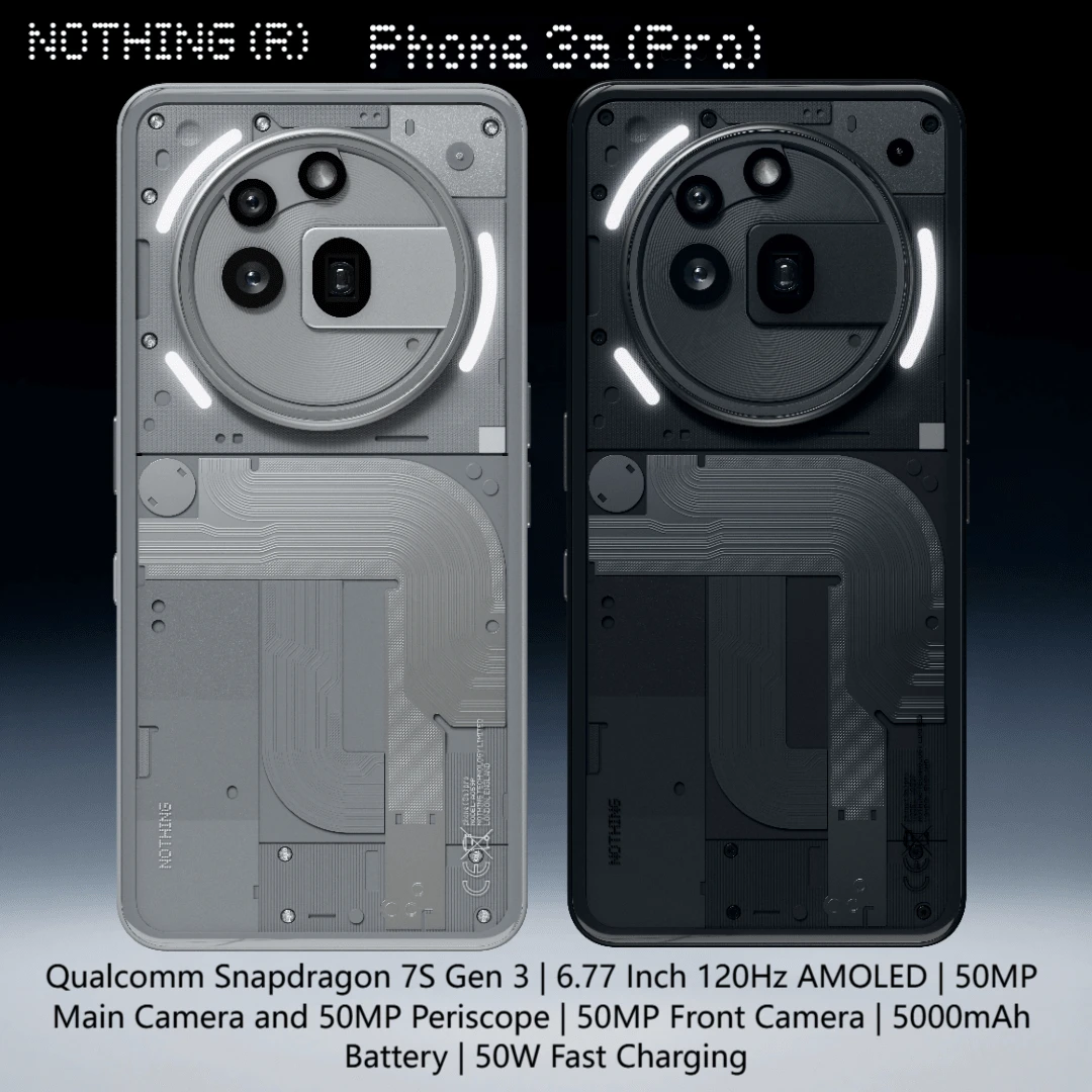 手机 (3a) Pro 5G 智能手机黑色，高通骁龙 7S Gen 3，6.77 英寸 120Hz AMOLED，50MP 主摄像头和 50MP 潜望镜，50MP 前置摄像头，5000mAh 电池，50W 快速充电，NFC，Nothing OS 3.1 由 Android 15 提供支持