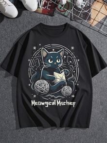 Camiseta gráfica para mujer que presenta un diseño de gato caprichoso con hilo y estrellas mágicas, perfecta para ropa informal y amantes de los gatos, camiseta de mezcla de algodón elegante y cómoda. - Negro - Ver 3