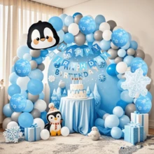 131pcs Cute Penguin Theme Birthday Balloon Arch Set, Includes 12/10/5 Inch Blue, White And Gray Balloons, And Penguin Foil Balloons, Suitable For Penguin Theme Birthday Party, Gender Reveal Party Decoration. - 131pcs Blue, White and Gray - View 1