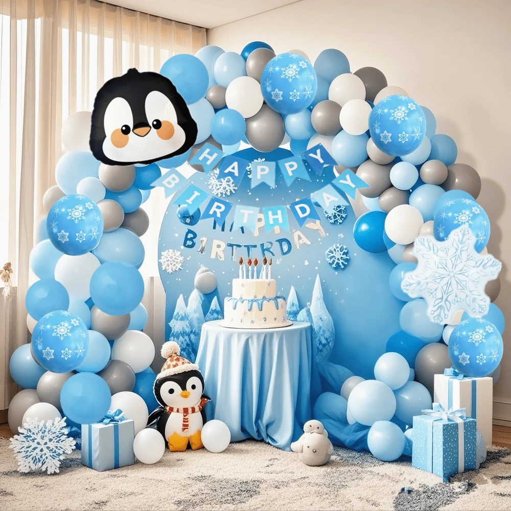 131pcs Cute Penguin Theme Birthday Balloon Arch Set, Includes 12/10/5 Inch Blue, White And Gray Balloons, And Penguin Foil Balloons, Suitable For Penguin Theme Birthday Party, Gender Reveal Party Decoration. - 131pcs Blue, White and Gray - View 1