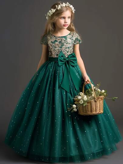 Girls' Dress, Bow Tulle Princess Dress, High-End Elegant Birthday Party Dress, Piano Performance Dress, Presenter & Model Formal Gown