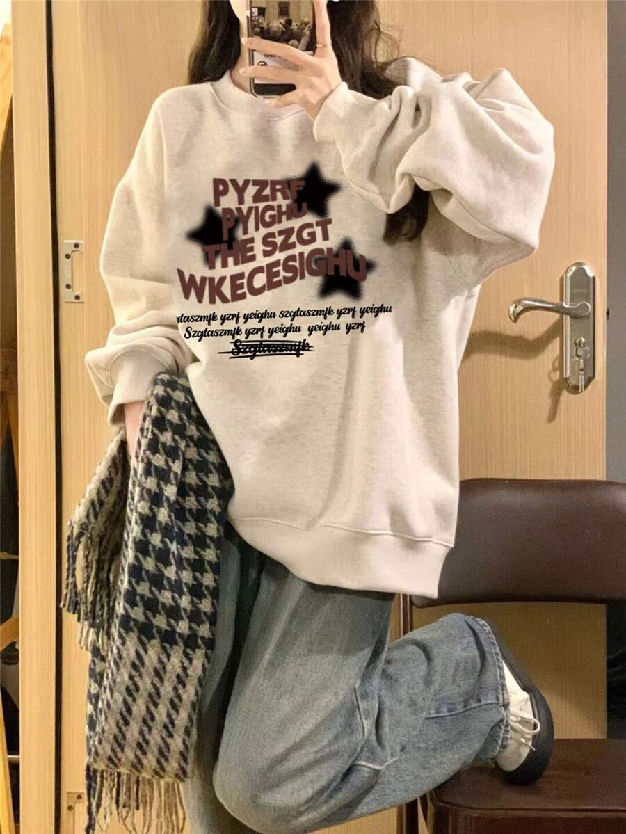 女士休闲宽松字母星形印花圆领卫衣，灰色花卉图案，秋冬季 - 花灰色 - 查看 1