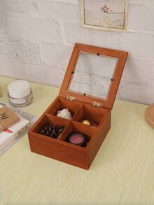 1pc Desktop Tea Bag & Tea Leaf Storage Box, 6 Compartments Coffee Snack Tea Bag Organizer Box, Candy Storage Container, Creative Home Decor, Wooden Storage Box With Transparent Glass Lid (The Wood Grain Pattern May Vary Slightly From The Actual Product Received)