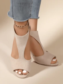 2026 Hot Women's T-Strap High Heel Sandals, Open-Toe Solid Color, Non-Slip Sole For Wedding Party & Daily Matching - 米色 - 查看 2