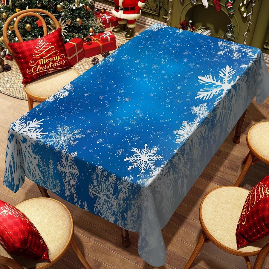 1/20pcs Christmas Tablecloth, Blue Romantic And Fantasy Theme, Snowflake Pattern Tablecloth - Easy To Clean Polyester Desktop Covering - Indoor/Outdoor Holiday Party Decoration - Suitable For Rectangular Dining Table - Holiday Dining Table Decoration - Christmas Gift Ideas, Easy To Clean Material, Home Decoration