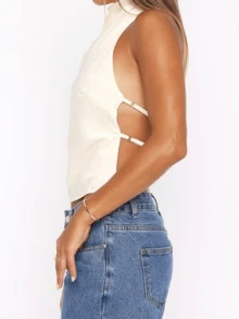 Women's Halter Neck Satin Tops Sleeveless Backless Solid Color Slim Fit Tops Summer Shirts - 白色 - 查看 3