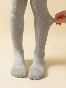 1 件纯棉竖条纹纯色女童紧身裤，不透明打底裤 - 灰色 - 查看 3