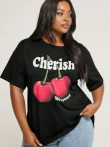 1pcs Women's Oversized T Shirt Cherry Graphic Print TShirt Summer Casual 100% Cotton Round Neck Oversized Tee Cute Sweet Fruit Graphic Tee - Black - View 1