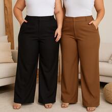 Kit 2 Long Plus Size Fashion Pants With Pockets High Waist Belly Support - 焦糖色和黑色 - 查看 1