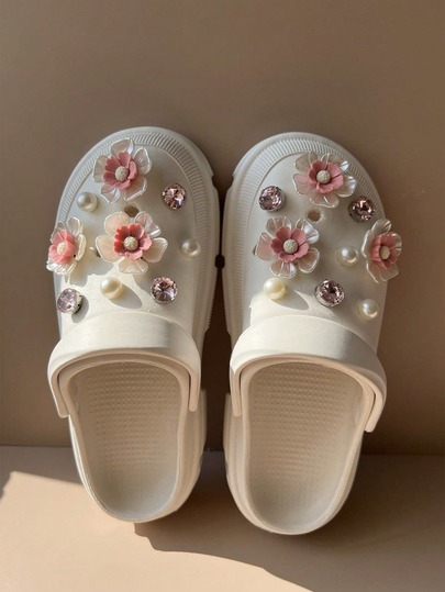 18pcs Pink Flower, Crystal Rhinestone, Pearl DIY Shoe Decoration Set, Suitable For Clogs, Beach Sandals, Flip Flops