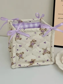 Bear Storage Basket – Hand-Quilted Cute Home Snack Holder, Desktop Small Item Organizer.