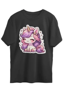 1pcs Adorable Chibi Sparkling Unicorn Graphic Print T Shirt Dreamy Fantasy Lover's Women's Casual 100% Cotton Soft Breathable Relaxed Fit Short Sleeve Round Neck Tee - Black - View 1