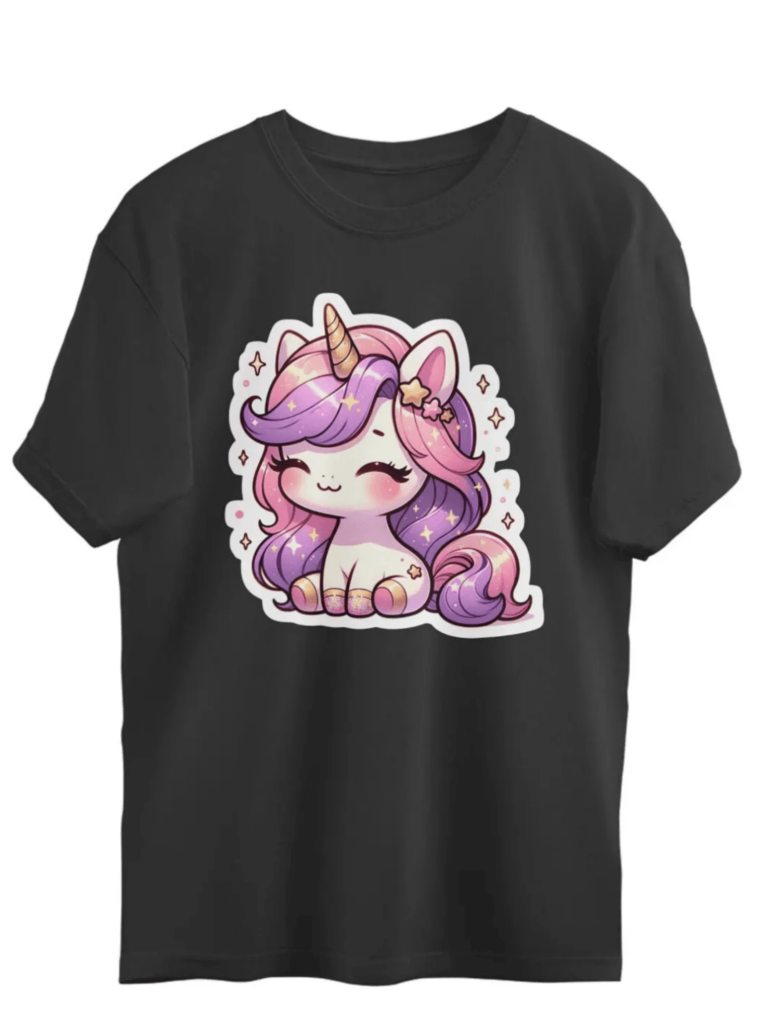 1pcs Adorable Chibi Sparkling Unicorn Graphic Print T Shirt Dreamy Fantasy Lover's Women's Casual 100% Cotton Soft Breathable Relaxed Fit Short Sleeve Round Neck Tee - Black - View 1
