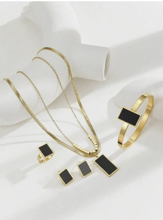 CHICVUE Bộ 5 hạt chuỗi khối may mắn nhiều màu bằng thép không gỉ, dây chuyền, hoa tai, vòng tay, nhẫn, phụ kiện dự tiệc, bộ trang sức thời trang, bộ trang sức hình vuông hình học làm quà tặng Giáng sinh - Bộ trang sức hình chữ nhật - Xem 1