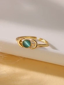 1pc Stylish Gold Stainless Steel Sun & Blue Cat Eye Stone Open Ring For Women Party Jewelry Gift - Yellow Gold - View 9