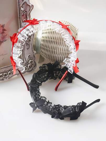 1pc Lolita Headband, Lace Bow Hairband, Soft Girl Anime Headpiece, Dress Accessory, Hair Hoop