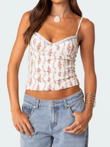 Women Y2k Floral Print Camisole Fairy Cute Lace Trim Spaghetti Strap Crop Top Summer Vest Tank Top Streetwear - 白色 - 查看 1