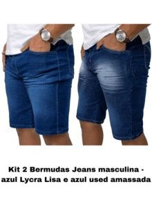 KIT 2 Men's Bermuda Jeans With Lycra Elastane - Men's Jean Shorts - KIT 2 百慕達藍二手 + 藍色皺巴巴二手 - 查看 1