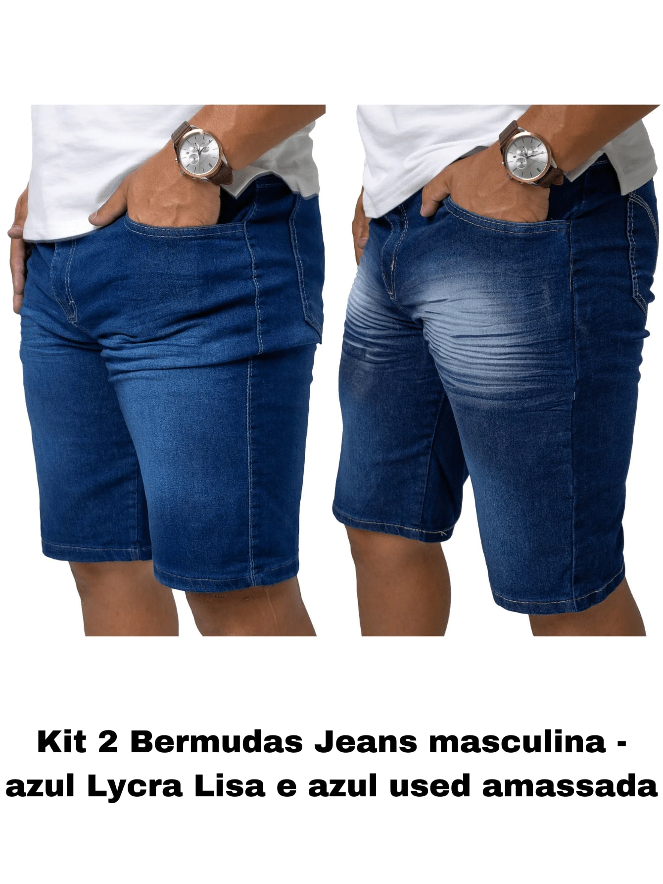 KIT 2 Men's Bermuda Jeans With Lycra Elastane - Men's Jean Shorts - KIT 2 百慕達藍二手 + 藍色皺巴巴二手 - 查看 1
