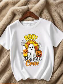 Camiseta festiva de Halloween para niño con la camiseta de manga corta "Boo! Crew" con estampado de fantasmas,calabazas y caramelos de maíz. - Blanco - Ver 1