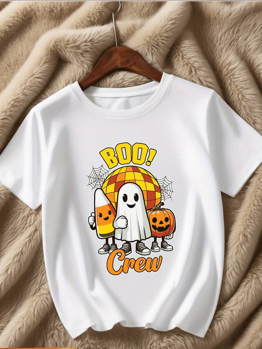 Camiseta festiva de Halloween para niño con la camiseta de manga corta "Boo! Crew" con estampado de fantasmas,calabazas y caramelos de maíz. - Blanco - Ver 1