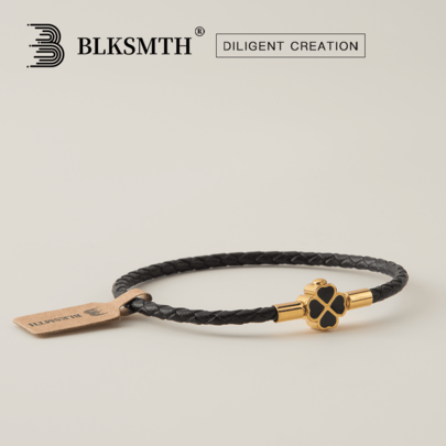 BLKSMTH BLKSMTH Ebony - Gold Clover Leather Style Lucky Four-Leaf Clover Bracelet For Women