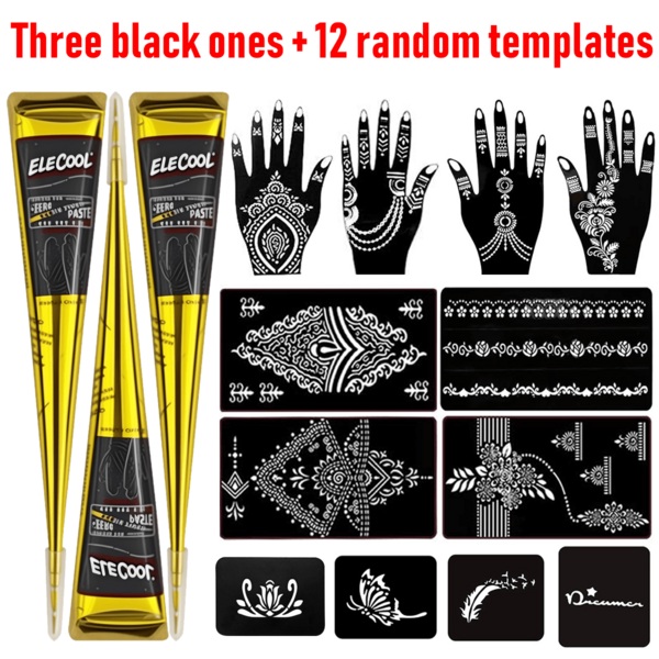 3pcs Black Henna Cones + 12 Random Reusable Stencil Templates | Pre-Mixed Natural Mehndi Paste For Temporary Body Art | Waterproof, Smudge-Proof, Long Lasting | Beginner Friendly DIY Kit For Parties, Festivals, Halloween, Weddings