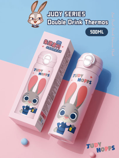 JUDY HOPPS Double Drink Thermos Flask 500ml, Double Lid Design, One-Click Quick Open, Anti-Leak, SUS316 Stainless Steel Inner Liner, High-Quality Material, Cute Cartoon Design, With Portable Strap - Keep Warm/Cold For Daily, Outdoor & Travel Use