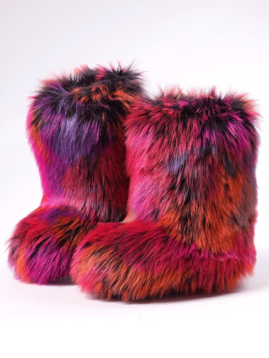 Women's Multicolor Boots Faux Fur Boots Slip-On Mid-Calf Boots, Fluffy Furry Warm Winter Snow Boots Fashion Y2K Style For Halloween, Christmas, Holiday Party - 中紫紅色 - 查看 1