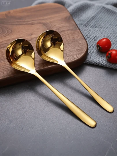 Cucharón grande de acero inoxidable con mango largo, color dorado, de grado comercial para fideos fríos, arroz, frutas, yogur, hot pot, condimentos, sopa, gachas