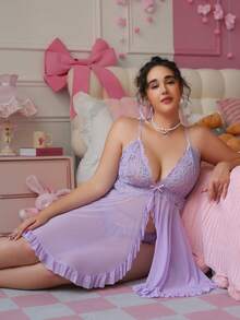 weiweihu Plus Size Ladies Solid Color Bow Lace Patchwork V-Neck High Slit Nightgown + Lace Thong ,Three-Piece Set Women Sexy Deep V, Lace Lotus Ladies Sexy Underwear Set, Bedroom Bathroom, Underwear Party Universal Sexy Underwear Set ,  Lingerie Set>Costume   Cosplay Lingerie  Red Pajama Set  Night Gown Women Halloween Costumes Plus Size  Plus Size Halloween Costume - Màu tím hoa cà - Xem 4